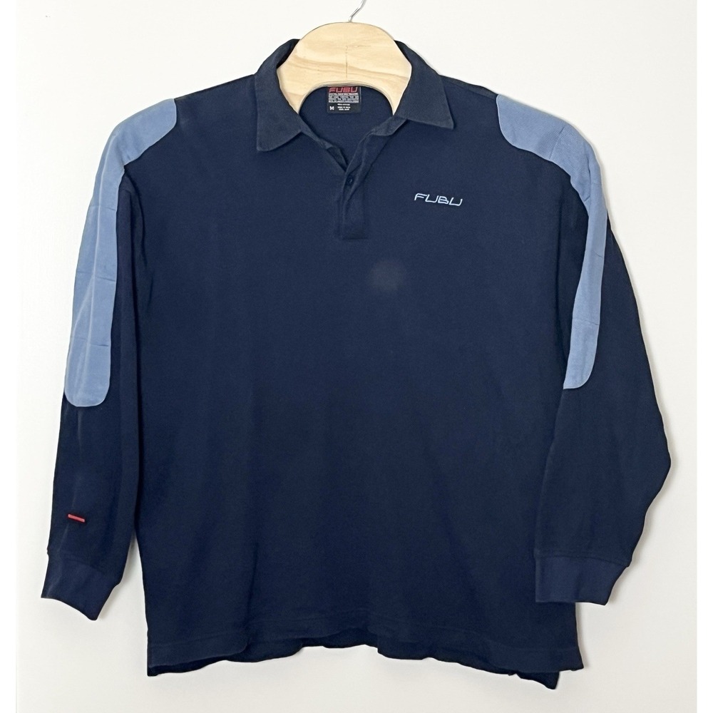 Vintage FUBU Polo Shirt Men's Medium Navy Blue Heavyweight Streetwear Logo Y2K